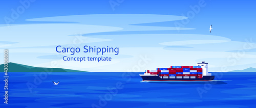 Cargo ship with containers. Transport and logistics service concept. Sea freight service. International transport industry. Vector illustration in flat style.
