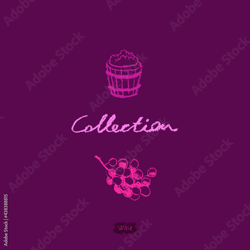 Grape vine illustration with pencil texture. Wine themed illustration. Wine-shop icon. Chalkboard texture. Grapevine drawing for emblem vineyard, biodynamic wines, grape festival, wine bar sign.