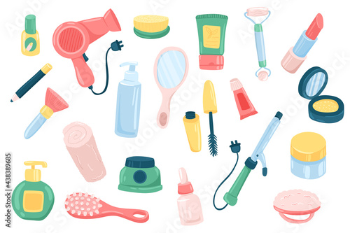 Beauty routine accessory cute stickers isolated set. Collection of hairdryer, cream, lipstick, roller face massager, powder, mascara, hair curler, comb. Vector illustration in flat cartoon design