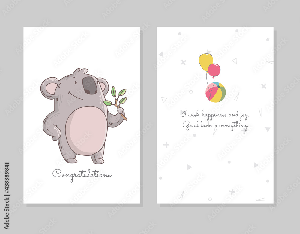 Cute koala eating eucalyptus. Doodle poster invitation template with airballs. Cute cartoon bear character Cute koala eating eucalyptus. Doodle poster invitation template with airballs. Cute cartoon bear character