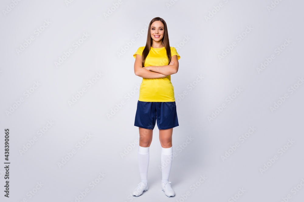 Full length body size view of her she nice-looking beautiful lovely cheerful content sportive straight-haired girl folded arms isolated over light white gray pastel color background Full length body size view of her she nice-looking beautiful lovely cheerful content sportive straight-haired girl folded arms isolated over light white gray pastel color background