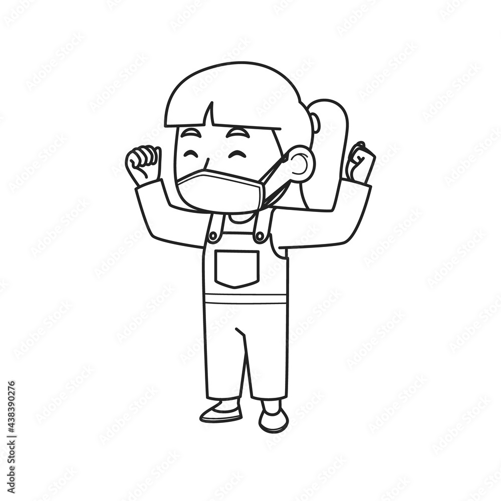 Girl Character in Pink Dress and Wearing Face Mask Who Looks Happy. Coloring Book Illustration. Vector Illustration. Girl Character in Pink Dress and Wearing Face Mask Who Looks Happy. Coloring Book Illustration. Vector Illustration.