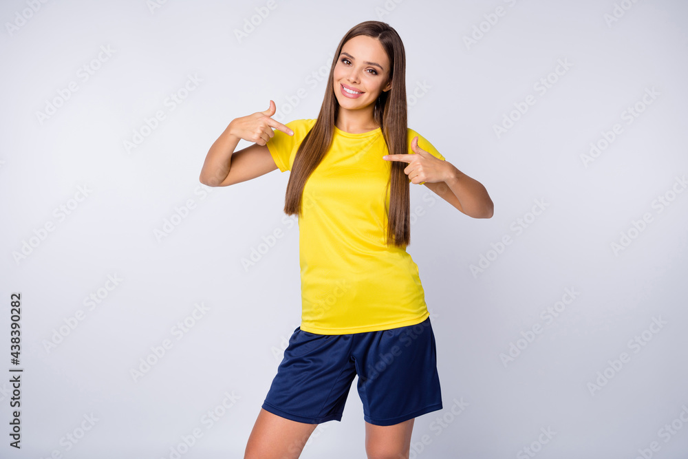 Portrait of her she nice-looking beautiful lovely pretty cheerful successful sportive straight-haired girl pointing at herself isolated over light white gray pastel color background Portrait of her she nice-looking beautiful lovely pretty cheerful successful sportive straight-haired girl pointing at herself isolated over light white gray pastel color background