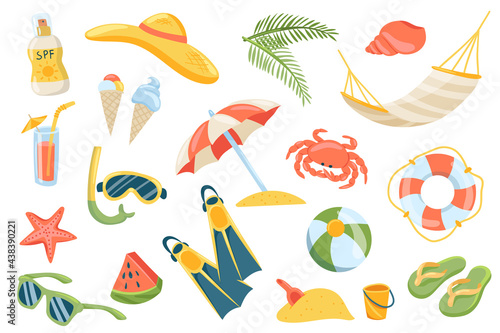 Summer vacation cute stickers isolated set. Collection of sunscreen, hat, palm, shell, hammock, ice cream, umbrella, crab, lifebuoy, starfish, sunglasses. Vector illustration in flat cartoon design