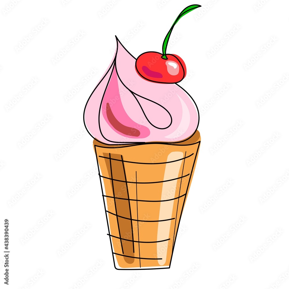 Ice cream cone with cherry in a waffle cup. Vector image Ice cream cone with cherry in a waffle cup. Vector image