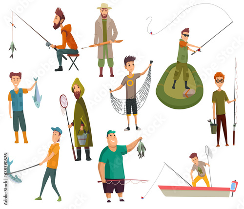 Set of fishermans fishing with fishing rod. Fishing equipment, leisure and hobby catch fish. Fisherman with fish or in boat, holding net or fishing rod.  illustration
