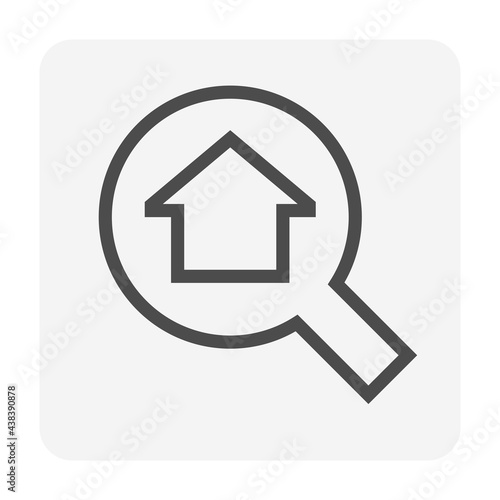 Search house vector icon. Consist of magnifying glass and people. That resident, agent or realtor to find real estate or property for development, owned, sale, rent, buy or investment. 48x48 pixel.