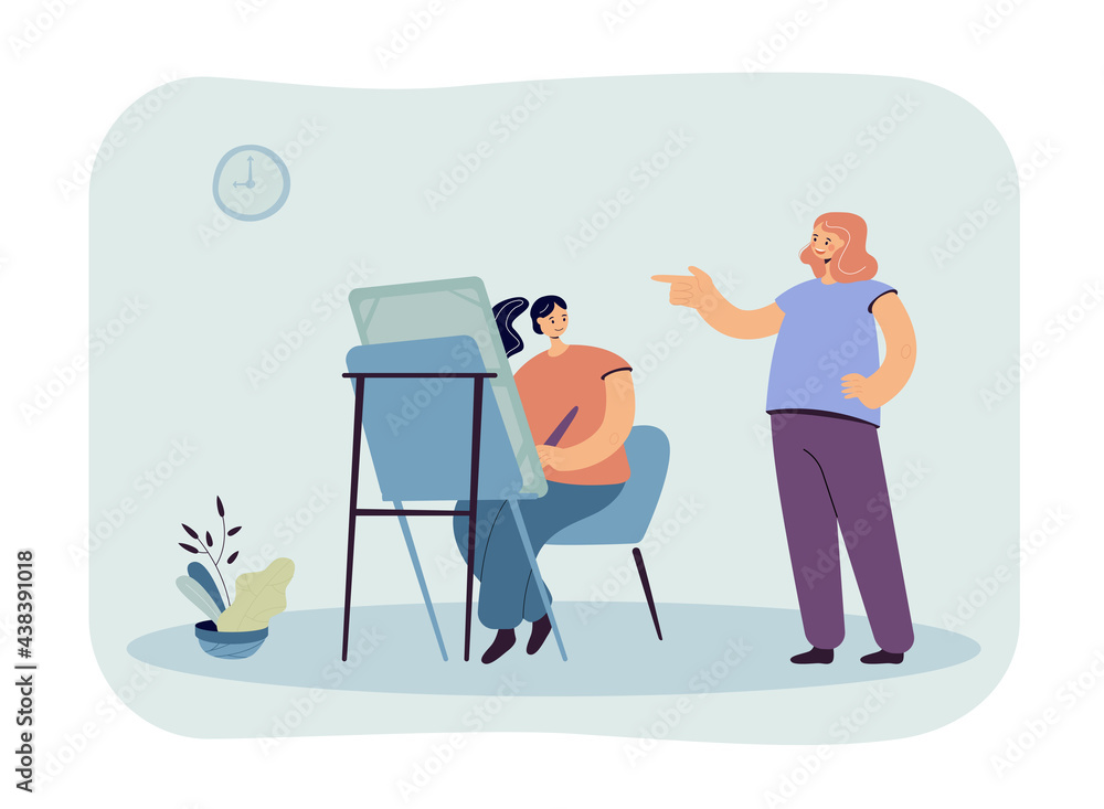 Woman painting vector illustration. Female character sitting at easel with brush drawing. Her friend admiring, pointing. Art concept for banner, website design, landing web page
