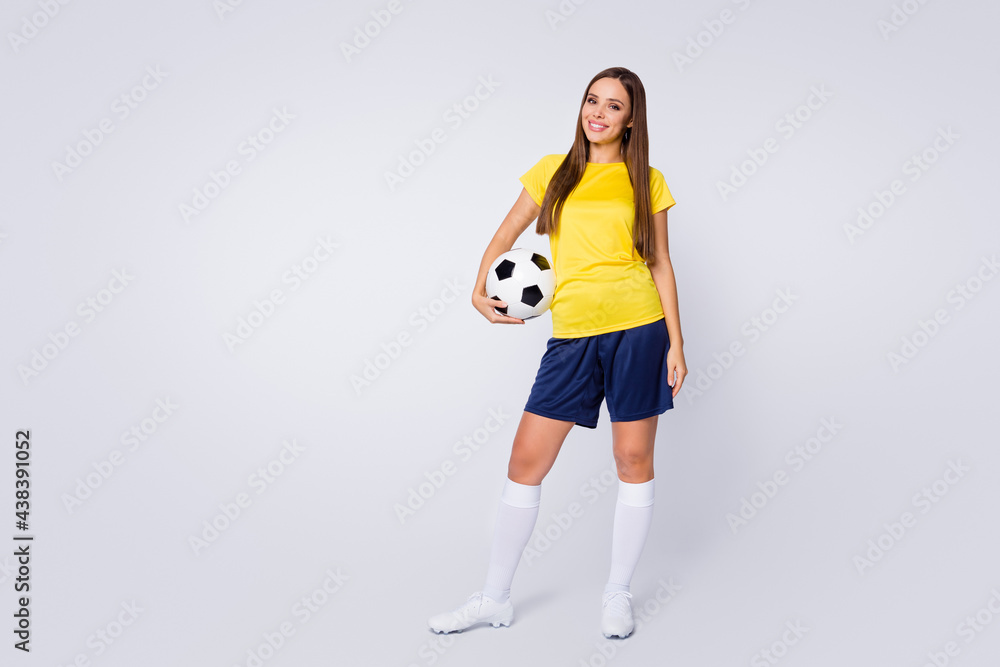 Full length body size view of her she nice beautiful attractive pretty sportive cheerful straight-haired girl holding in hand ball active hobby isolated over light white gray pastel color background Full length body size view of her she nice beautiful attractive pretty sportive cheerful straight-haired girl holding in hand ball active hobby isolated over light white gray pastel color background