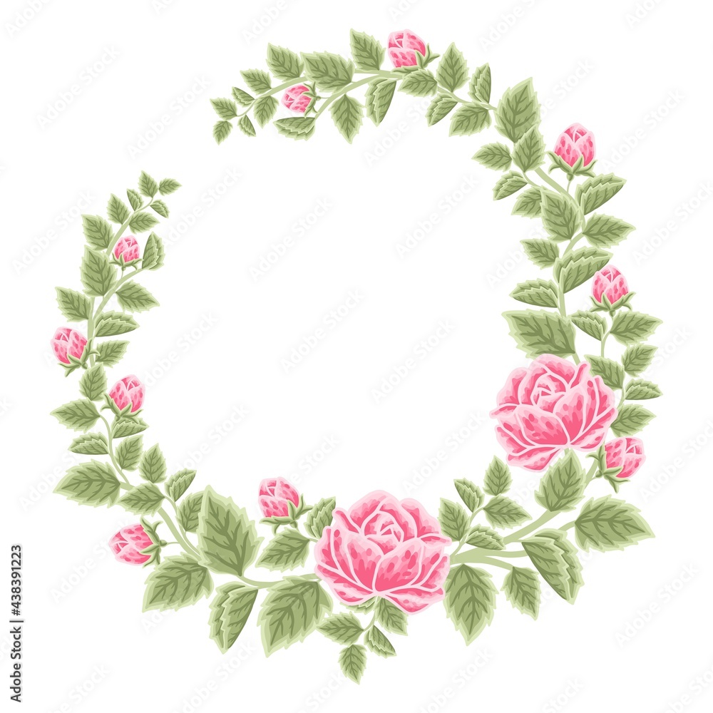 Hand drawn botanical rose flower wreath and leaf branch vector illustration arrangement