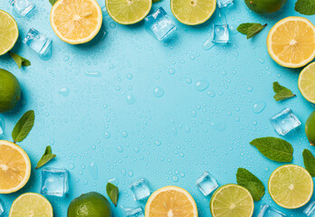 Top view photo of mint leaves whole and sliced limes halves of lemon ice cubes and water drops on isolated pastel blue background with copyspace in the middle