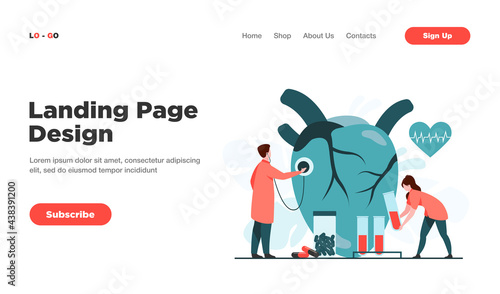 Cardiologists examining heart with stethoscope and blood samples in lab tubes among pills and heartbeat diagram. Vector illustration for cardiology, medical examination, heart disease concept