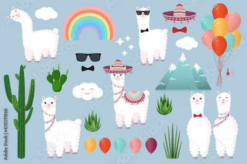Collection of cute and festive llamas and alpacas on a blue background. Set of decorative elements for your design of postcard, poster, wrapping paper, textiles, patern, scrapbooking.