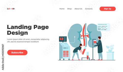 Doctors conducting dialysis procedure for kidney treatment. Vector illustration for patient hemodialysis, healthcare, blood transfusion, internal injection, kidney disease concept