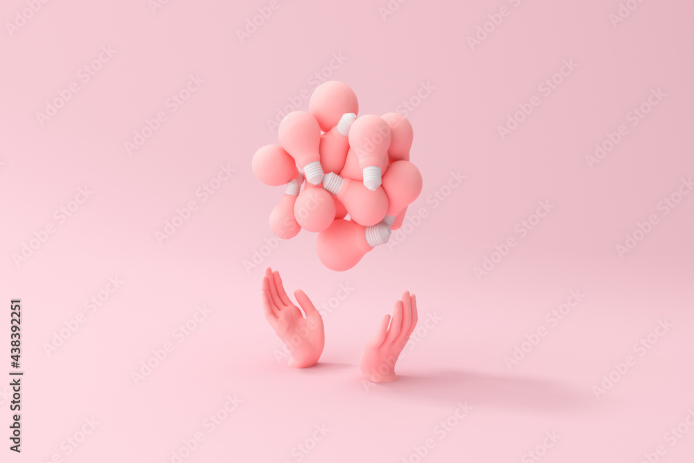 Mockup scene of hands are holding group of pink light bulbs, Minimal concept, 3d rendering.