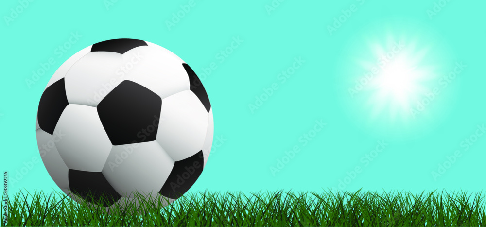 Naklejka premium Sky view soccer border on green football eco grass field. Vector stadium background banner. Sport finale or school, sports EK, WK game cup. Summer, spring time, Street ball games. Spring time 2021