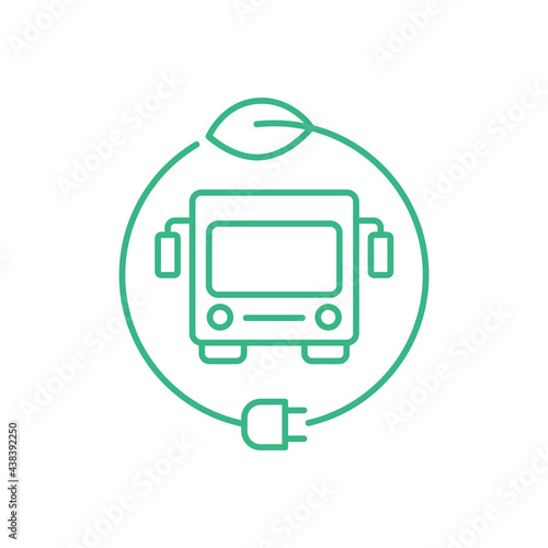 Electric bus in a circle with a leaf and a plug. Hybrid vehicle charging station sign. Green energy zero emission concept. Eco friendly city transport. Thin line icon. Vector illustration, clip art.