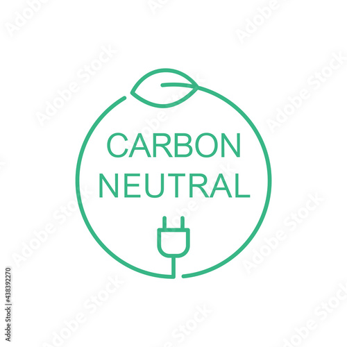 Carbon neutral sign, icon, symbol or logo. Green leaf and a electric plug in a circle. Clean energy concept. Zero emission power. Renewable eco energy sources. Vector illustration, thin line, clip art