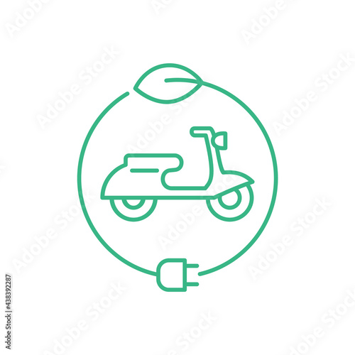 Electric scooter sign. E scooter line icon. Battery powered scooter inside circle with a plug and a leaf. Environmental friendly delivery. Zero emission transportation. Vector illustration, clip art.