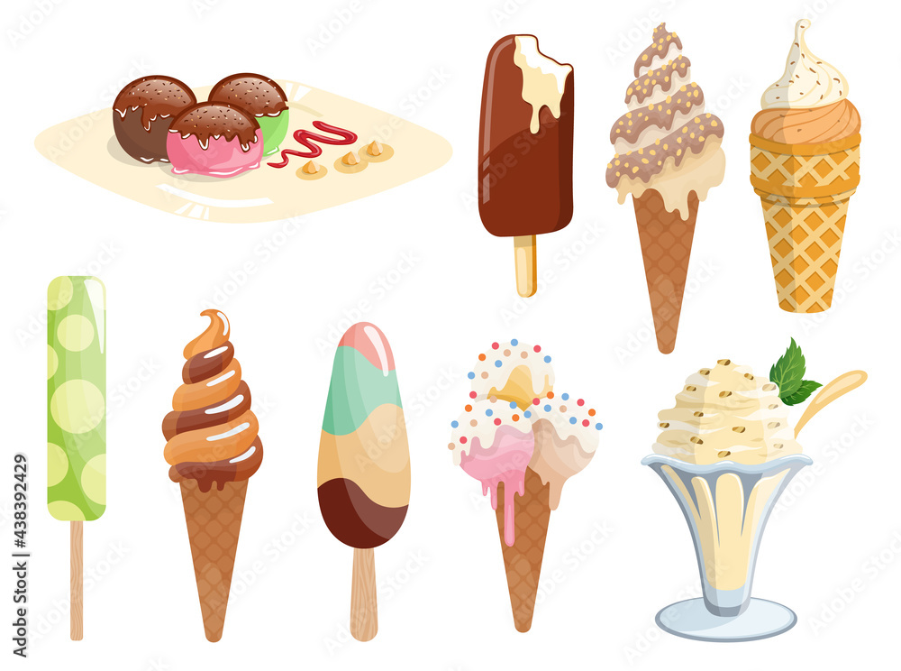 Tasty colorful ice cream set. Collection ice-cream cones and ice-cream on a stick isolated on white background. illustration for web menu design or print Tasty colorful ice cream set. Collection ice-cream cones and ice-cream on a stick isolated on white background. illustration for web menu design or print