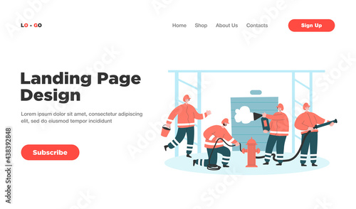 Fireman team fighting fire, rescuing people and buildings. Flat vector illustration. Team using professional equipment, observing safety measures, aiding people. Wildfire, emergency service concept