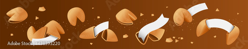 Chinese fortune cookies. Set: open and closed fortune cookies. In the cookie have template of blank paper, write your wishes. Vector, isolated.