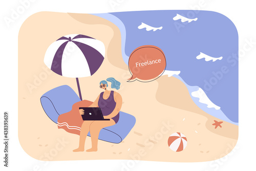 Woman working remotely on beach. Female cartoon character with laptop on seashore flat vector illustration. Freelance  vacation  technology concept for banner  website design or landing web page
