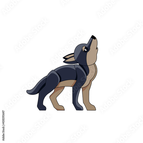 Black wolf cub howls in the sky. Cartoon character of a kid mammal animal. A wild forest creature with dark fur. Side view. Vector flat illustration isolated on a white background