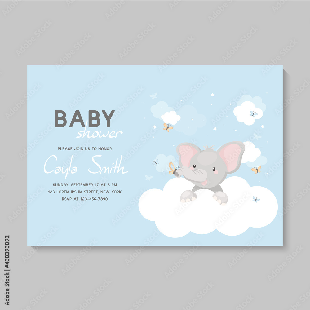 Baby Shower Card With Baby Animal Elephant On A Cloud