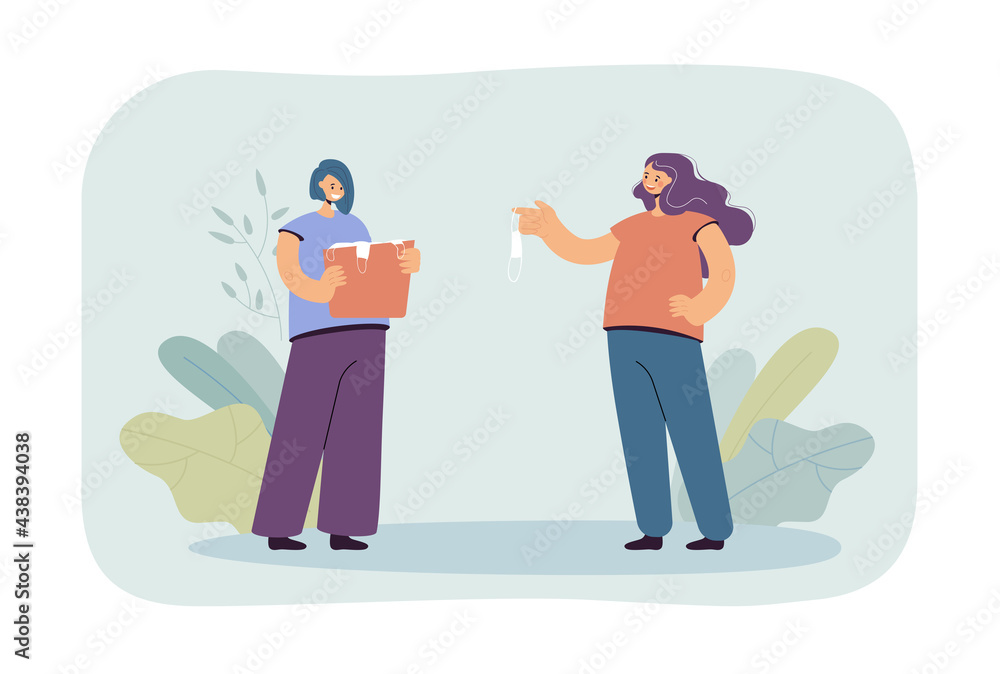 Girl giving used mask to her sister flat vector illustration. Cheerful female person holding bag with dirty protective masks from coronavirus. Pandemic, protection, recycling concept