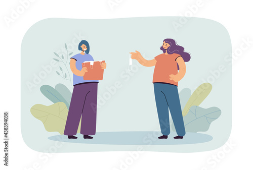 Girl giving used mask to her sister flat vector illustration. Cheerful female person holding bag with dirty protective masks from coronavirus. Pandemic, protection, recycling concept