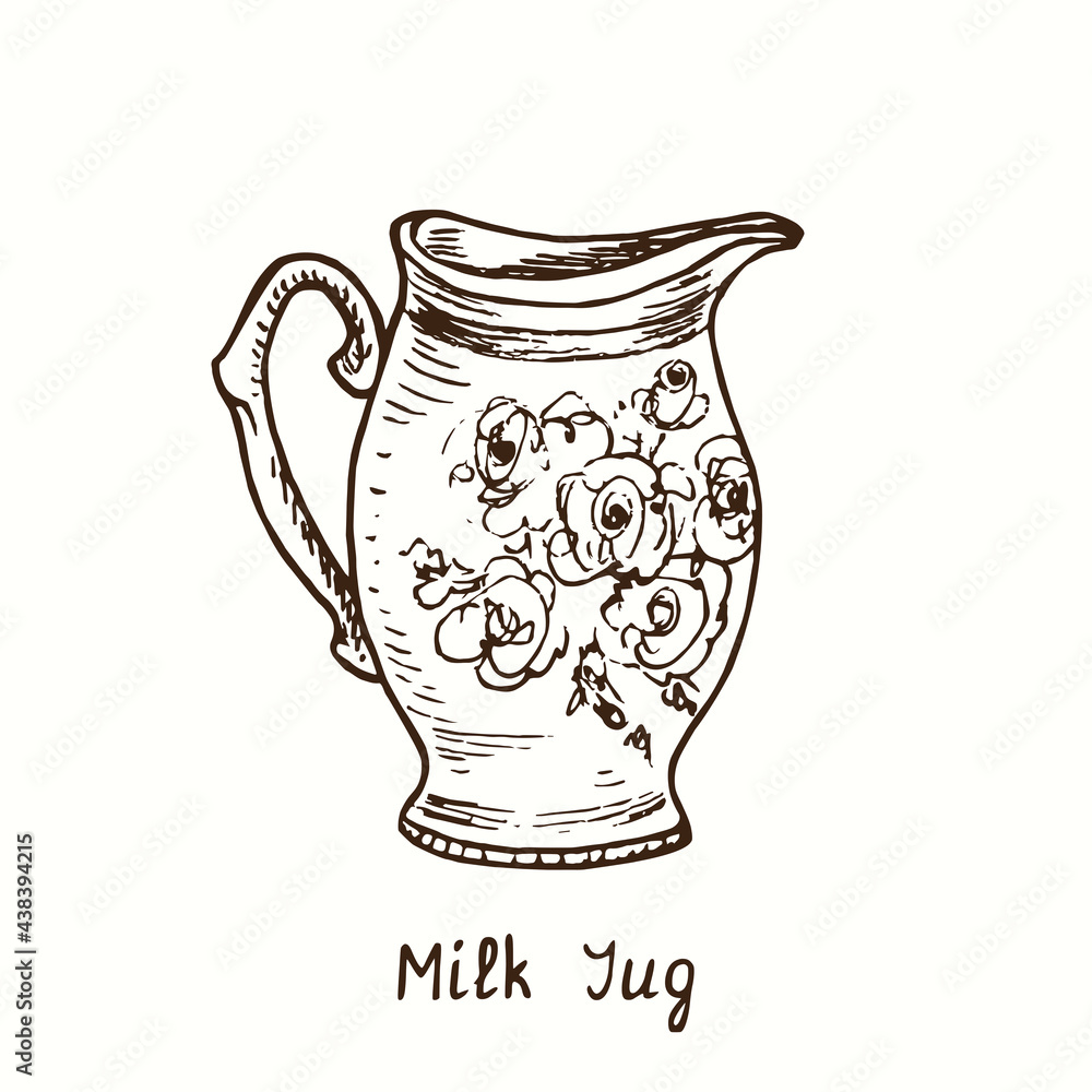 Milk jug with floral decor. Ink black and white drawing outline illustration Milk jug with floral decor. Ink black and white drawing outline illustration