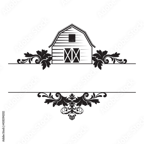 farm barn as a part of elegant damask pattern frame