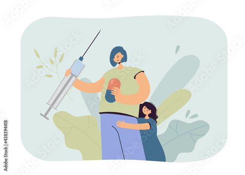 Woman treating sick daughter vector illustration. Female character deciding between pill and injection. Scared girl standing behind her. Medical concept for banner, website design or landing web page