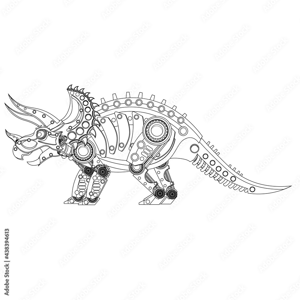 Steampunk Triceratops Dinosaur Robot coloring book. Vector