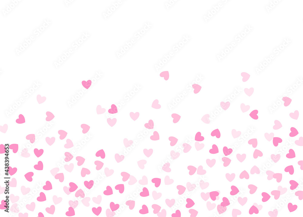Romantic background with falling confetti hearts. Cute heart border with space for text. Valentine's day background.