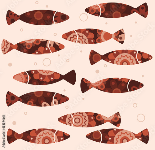 vector seamless pattern of fish silhouettes in orange color scheme with stylized ethnic pattern