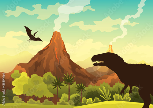 Prehistoric landscape - volcano with smoke, mountains, dinosaurs and green vegetation.  illustration of beautiful prehistoric landscape and dinosaurs photo