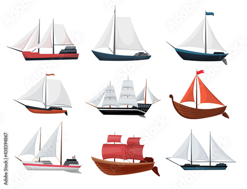 Collection of yachts, sailboats or sailing ships. Cruise travel company icons design. old vessels