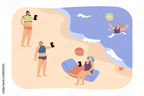 People on beach ignoring drowning woman. Female characters livestreaming on seashore while girl asking for help flat vector illustration. Addiction, social media concept for banner, website design