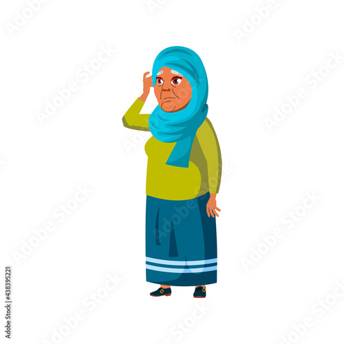 elderly islamic lady thinking how to solve problem cartoon vector. elderly islamic lady thinking how to solve problem character. isolated flat cartoon illustration