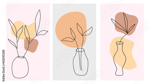 Foliage line art drawing with abstract shape. Minimal and natural wall art. Abstract Plant Art design for print, cover