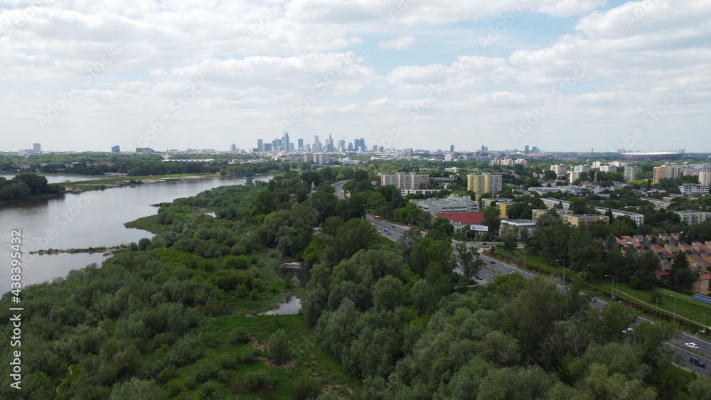 View of Warsaw city skyline from right bank of Vistula