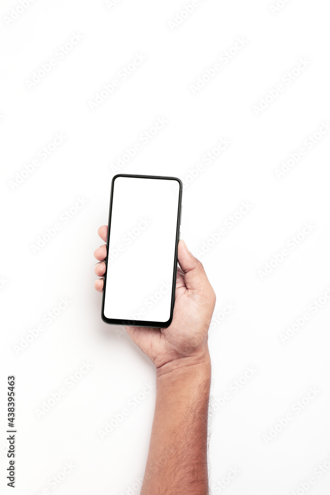 Hand holding a smartphone on a white background. Hand holding a smartphone on a white background.