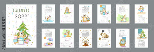 2022 calendar template. Cover and set of 12 months pages. Funny Cartoon ginger tabby cat character in different poses. Week starts on Sunday. Vector illustration, vertical A4 format.