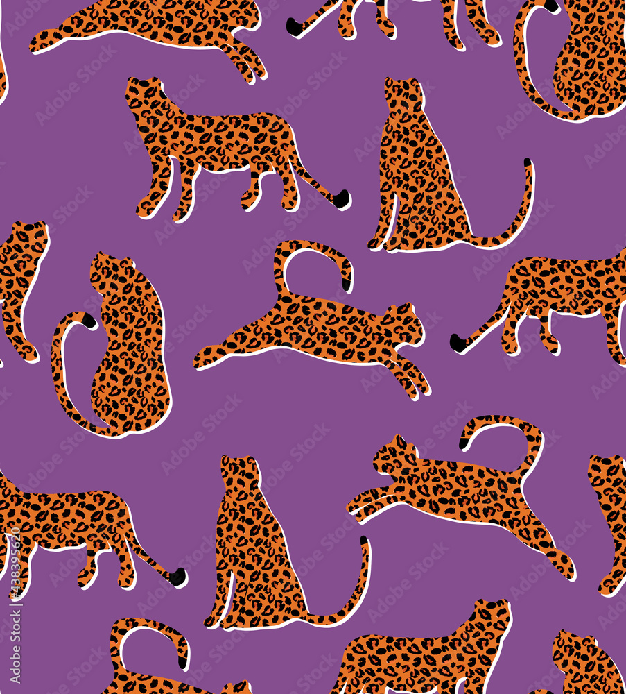 Obraz premium Textured Naughty Leopards Pattern Trendy Fashion Colors Minimal Concept Seamless Design Abstract Cartoon Cats