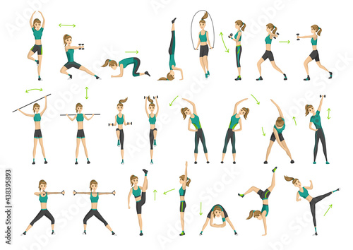 Woman fitness. Collection of workout aerobic fitness. Active and healthy life concept. Woman doing fitness and physical exercises © the8monkey