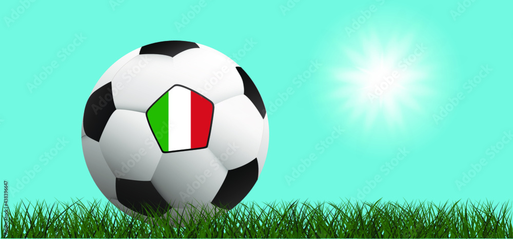 Naklejka premium Football with the flag of Italy on green soccer grass field with sun. Flat vector wk, ek background banner. Sport finale EK, WK game cup. Summer, spring time, Street ball games. 2021