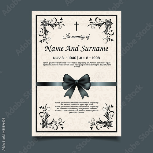 Funeral card vector template, condolence flower ornament with cross, name, birth and death dates. Obituary memorial, gravestone engraving with fleur de lis symbols in corners, vintage funeral card. Ep