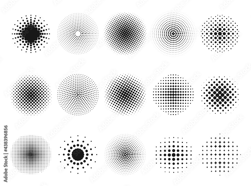 Collection halftone circle vector illustration rounded shapes gradient dots minimalistic pattern